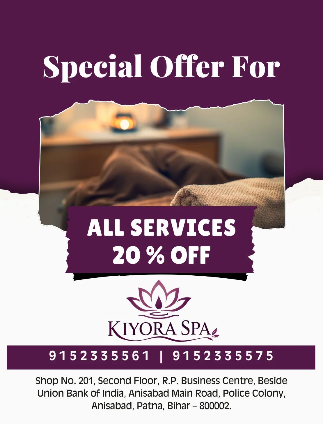 Kiyora Spa All Services 20% OFF Offer Flyer Patna