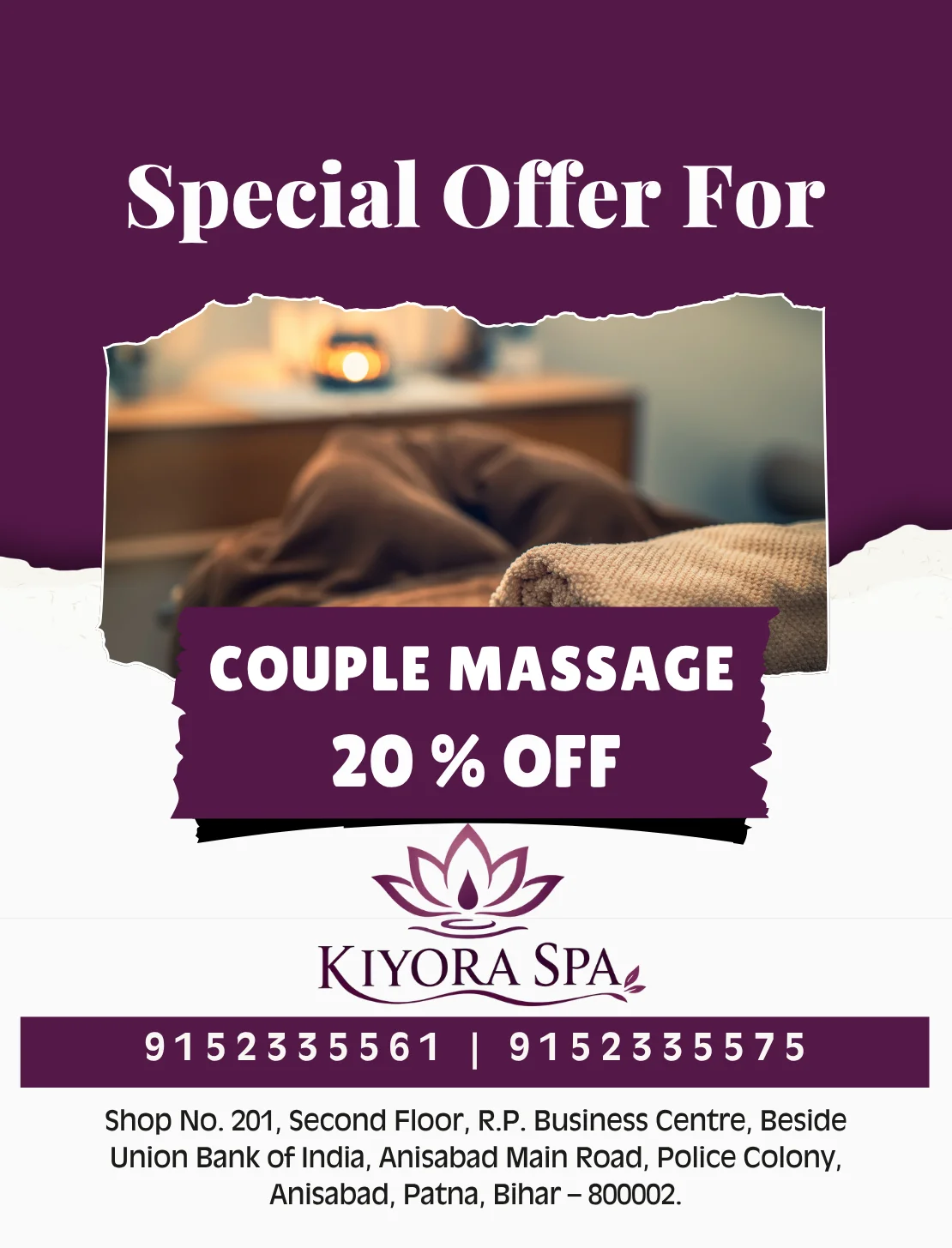 Kiyora Spa Couple Massage 20% OFF Offer Flyer Patna