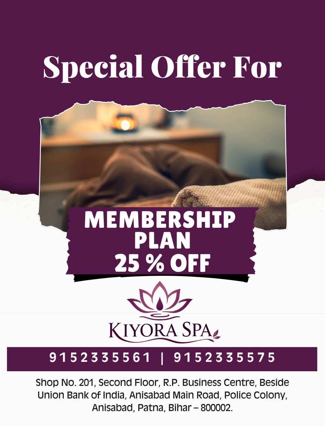 Kiyora Spa Membership Plan 25% OFF Offer Flyer Patna